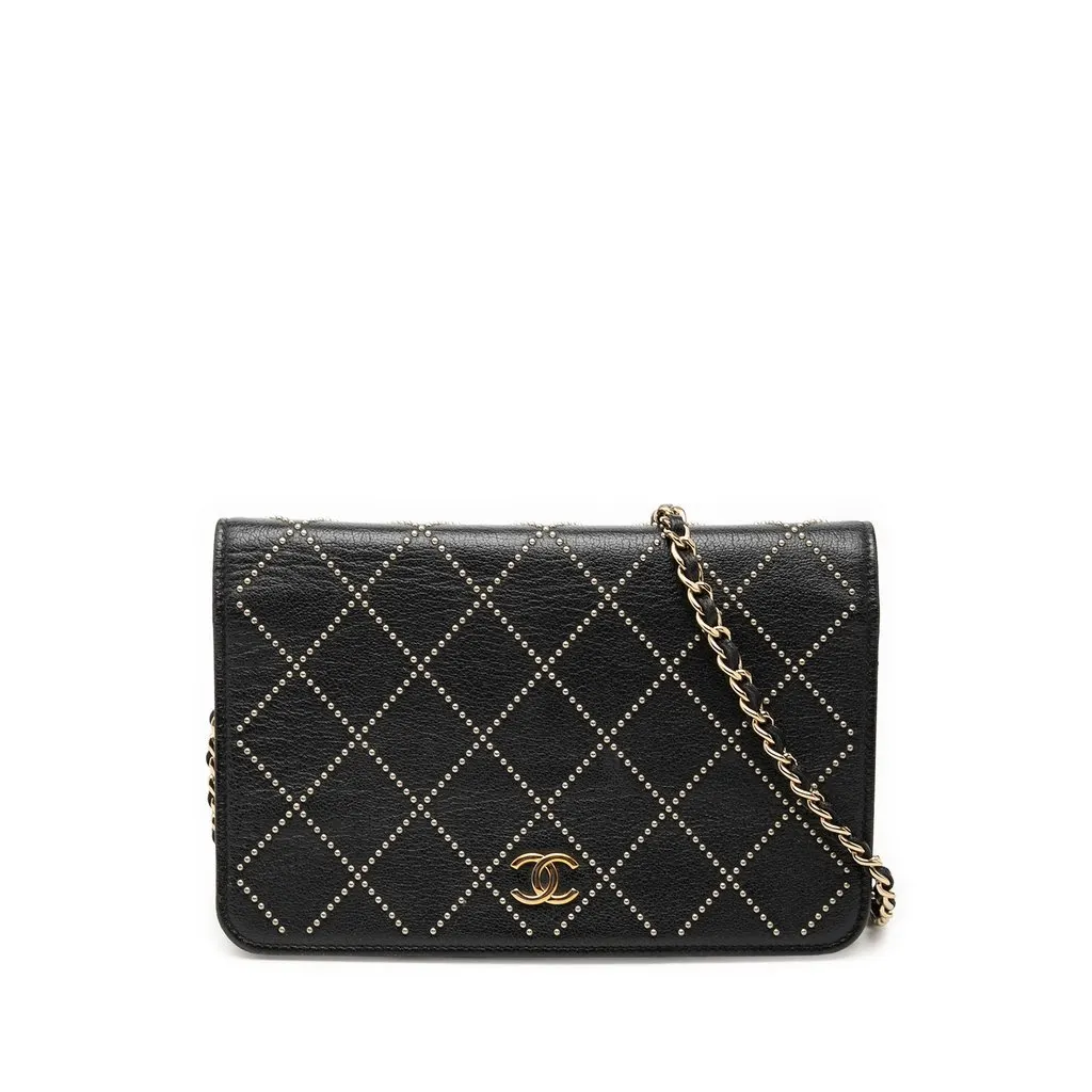 Chanel CC Studded Lambskin Crystal Wallet On Chain Black Leather Very good - Front View