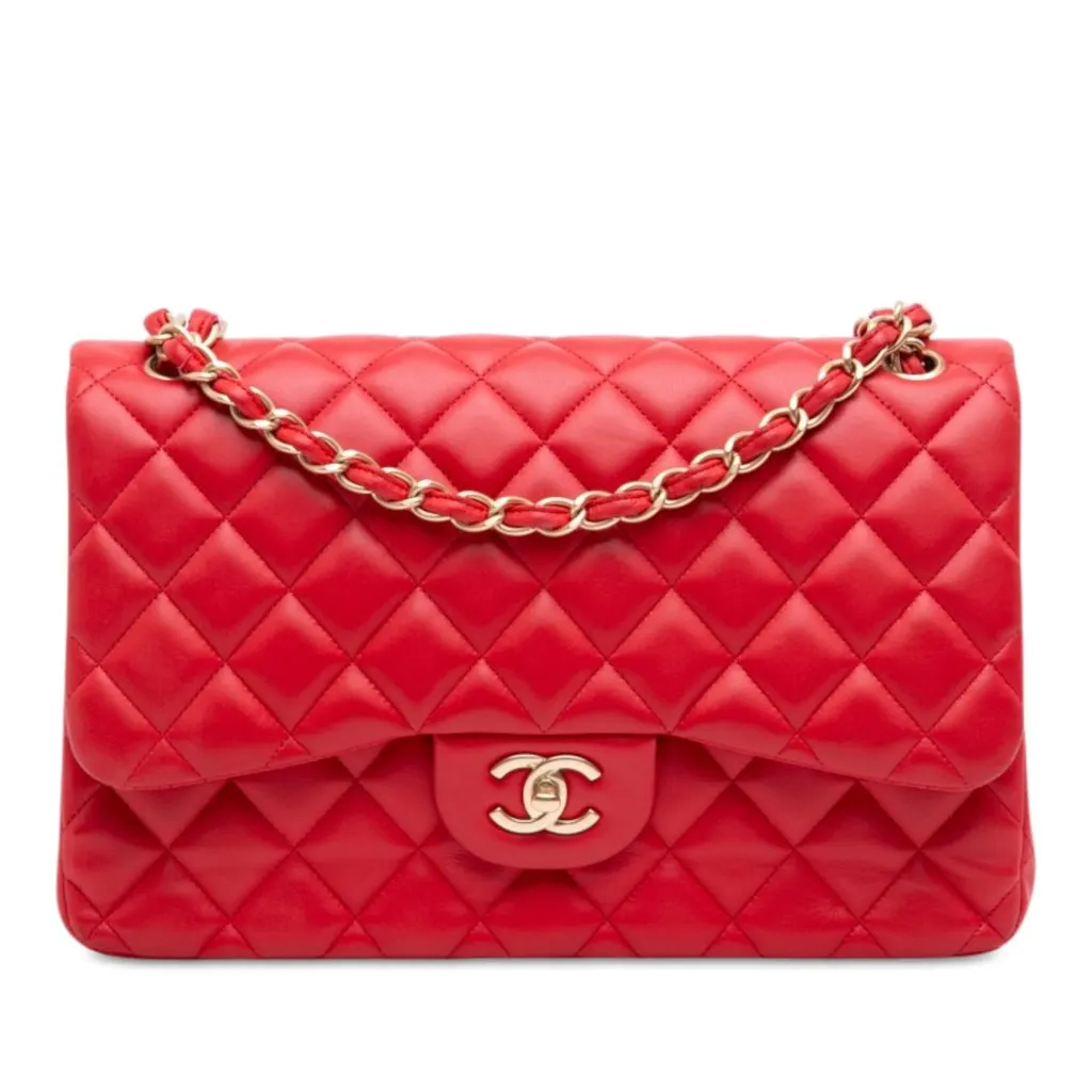 Chanel Jumbo Classic Lambskin Double Flap Red Leather Good - Front View