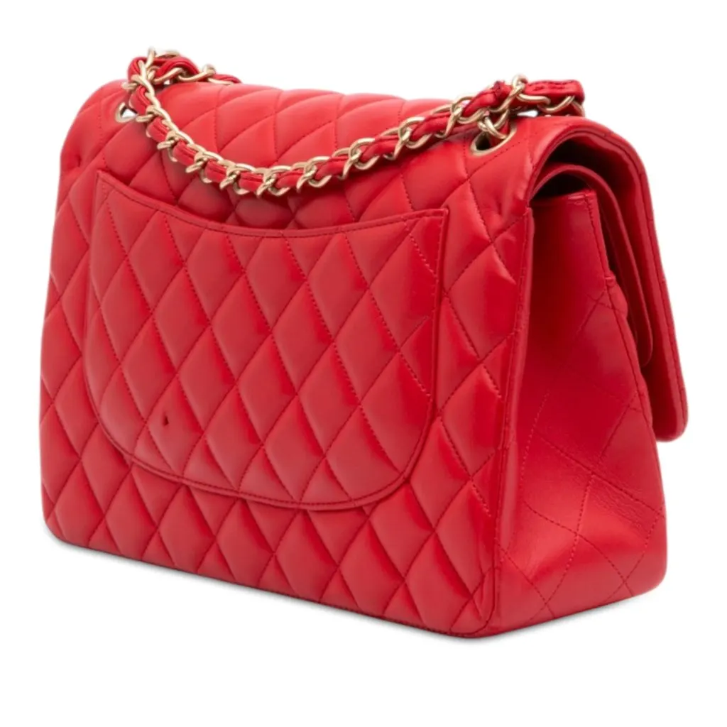 Chanel Jumbo Classic Lambskin Double Flap Red Leather Good - Back View