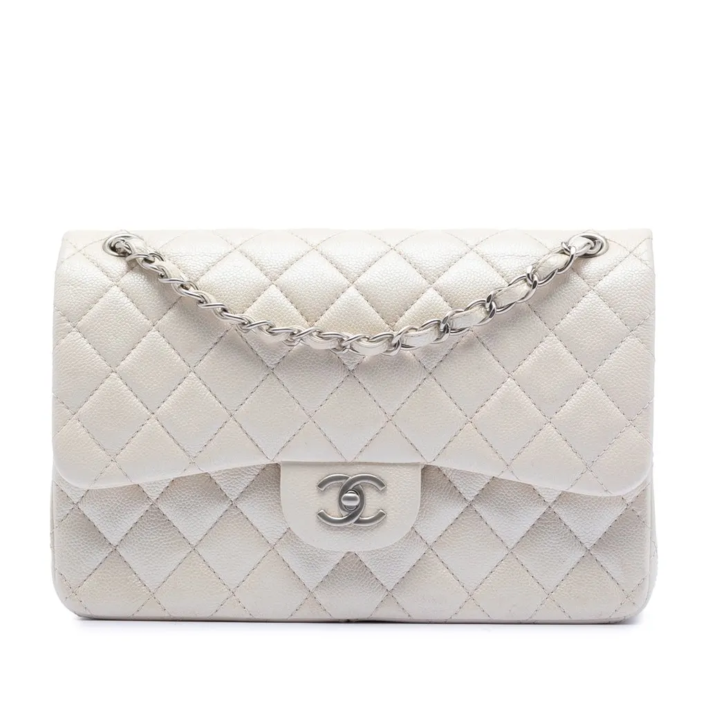 Chanel Jumbo Classic Iridescent Caviar Double Flap White Leather Very good - Front View