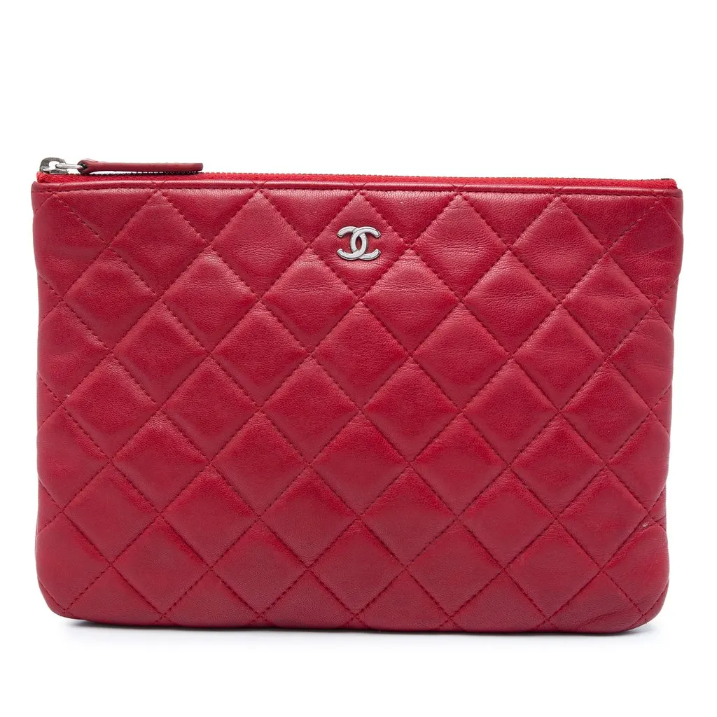 Chanel Small Quilted Lambskin O Case Clutch Red Leather Good - Front View