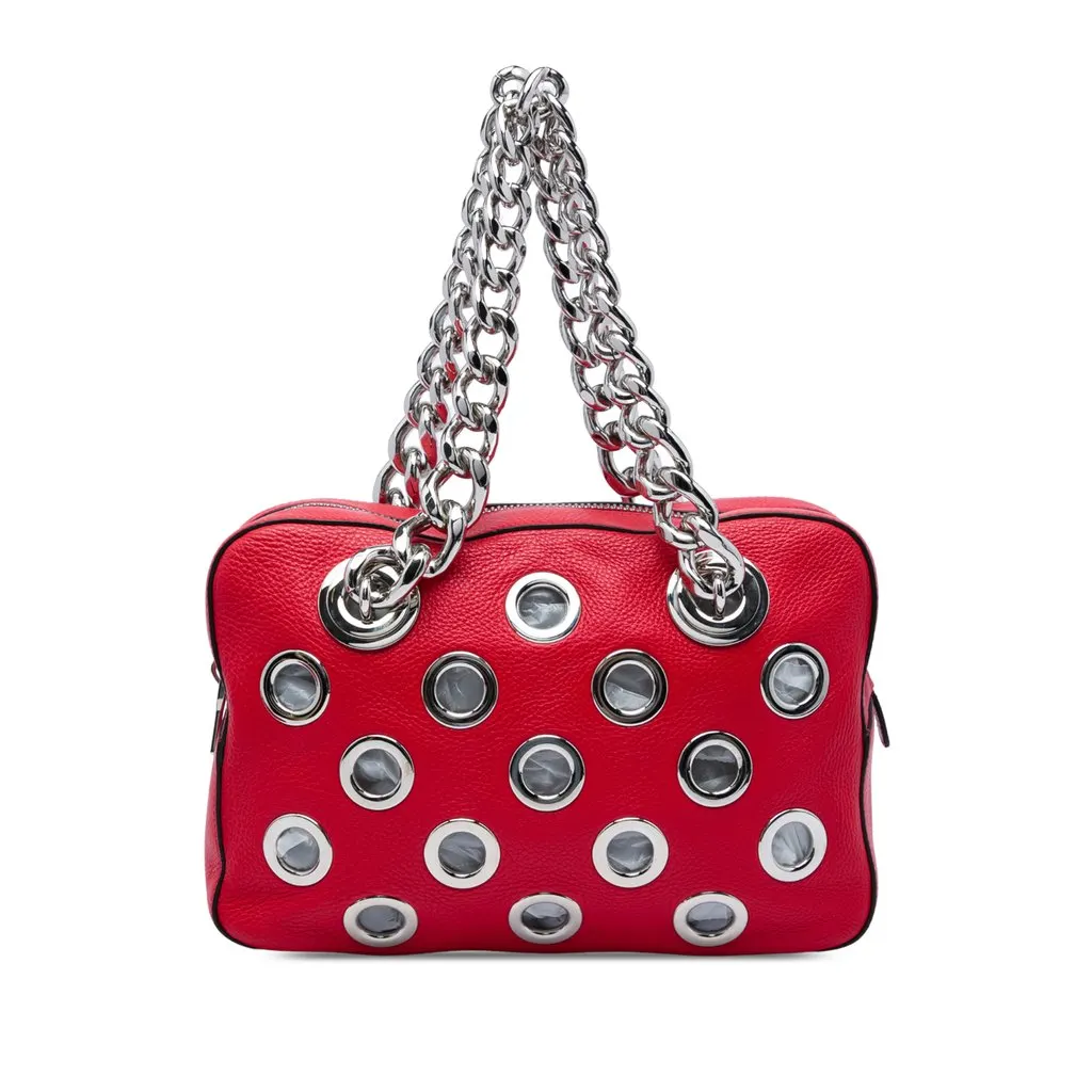 Prada Vitello Daino Grommet Chain Shoulder Bag Red Leather Very good - Front View