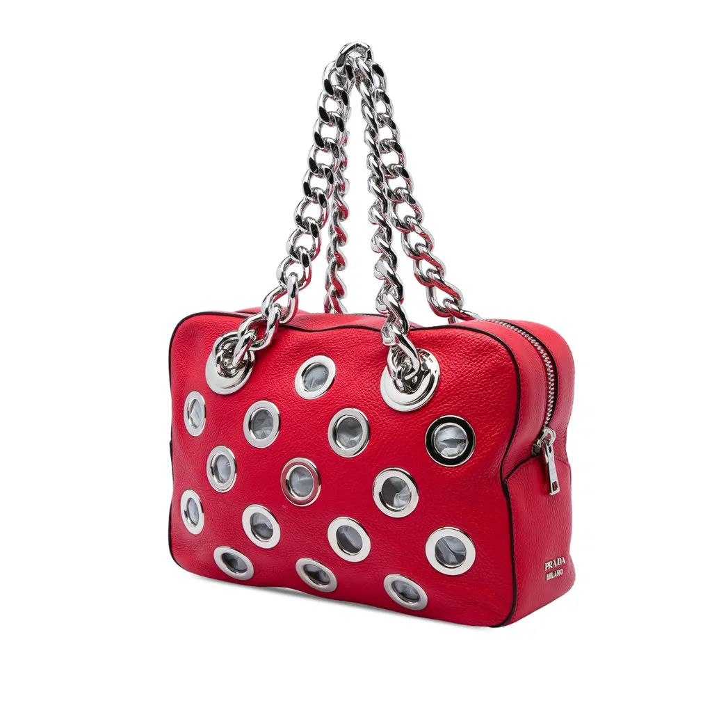 Prada Vitello Daino Grommet Chain Shoulder Bag Red Leather Very good - Back View