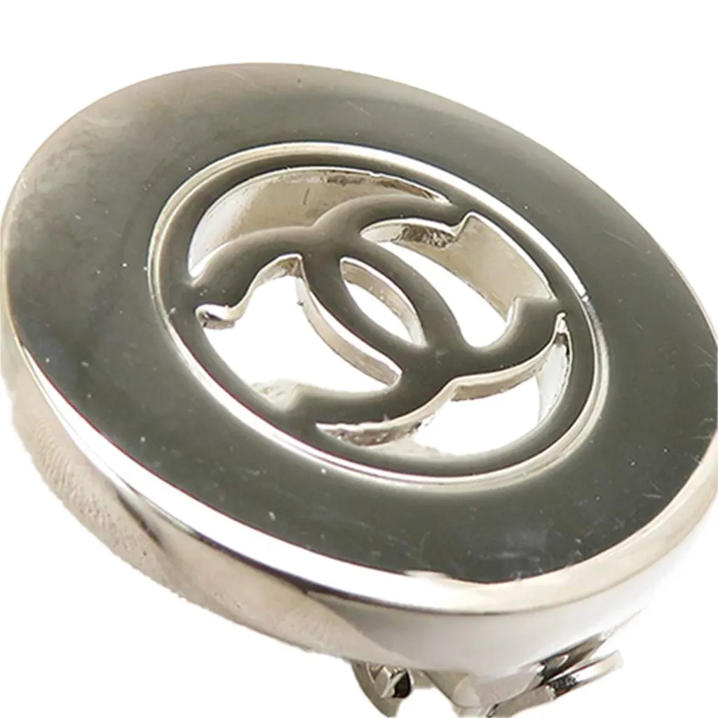 Chanel CC Brass Round Clip On Earrings Silver Brass Very good - Model View