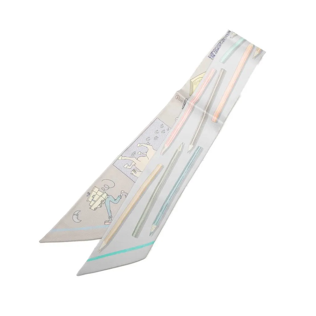 Hermès A Vos Crayons Silk Twilly Scarf Grey Silk Never worn - Front View