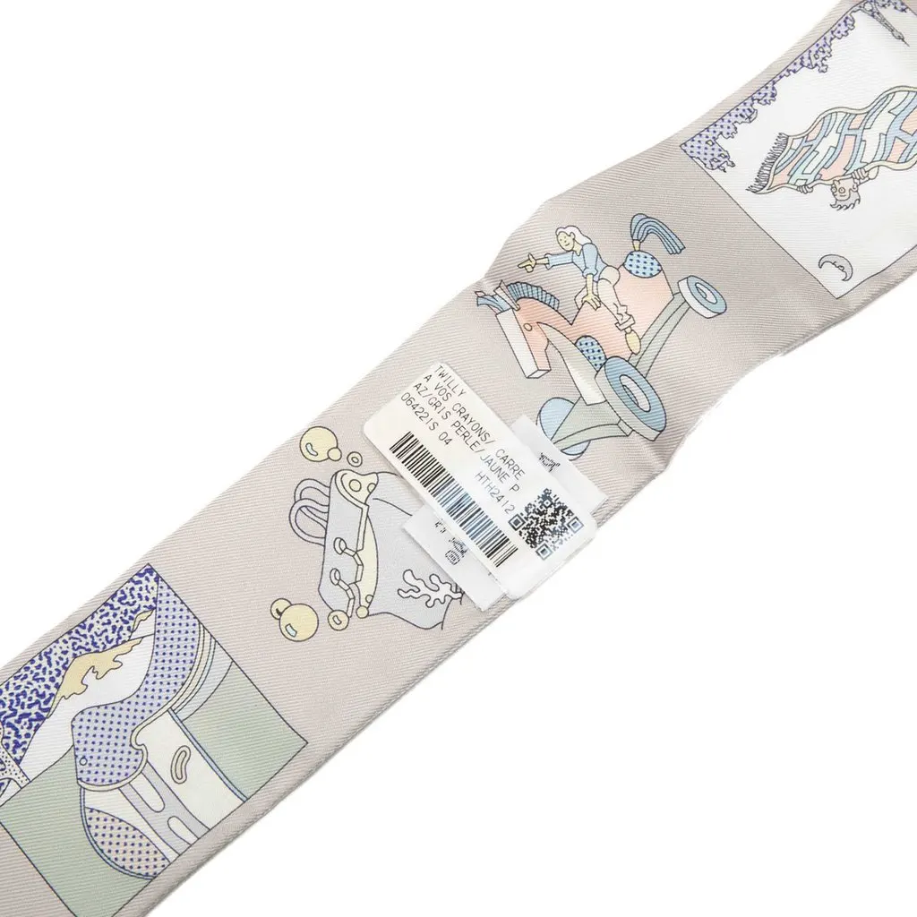 Hermès A Vos Crayons Silk Twilly Scarf Grey Silk Never worn - Inside View
