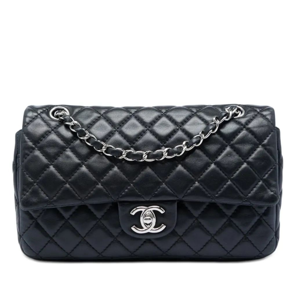 Chanel Medium Classic Lambskin Double Flap Black Leather Very good - Front View