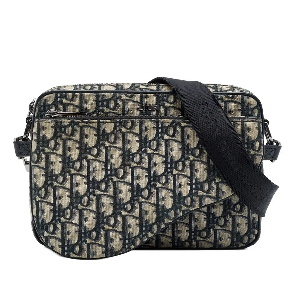 Dior Oblique Canvas Saddle Triple Pouch Blue Canvas Good - Front View