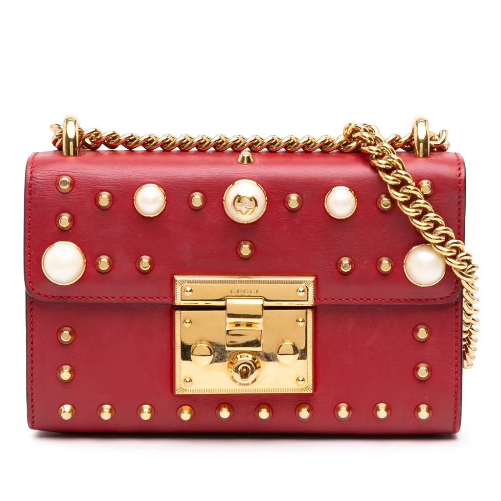 Gucci Small Pearl Studded Leather Padlock Crossbody Red Leather Very good - Front View