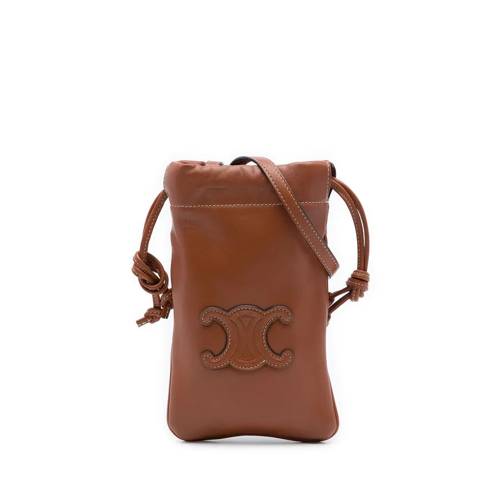 Celine Smooth Calfskin Cuir Triomphe Drawstring Phone Holder Crossbody Brown Leather Very good - Front View