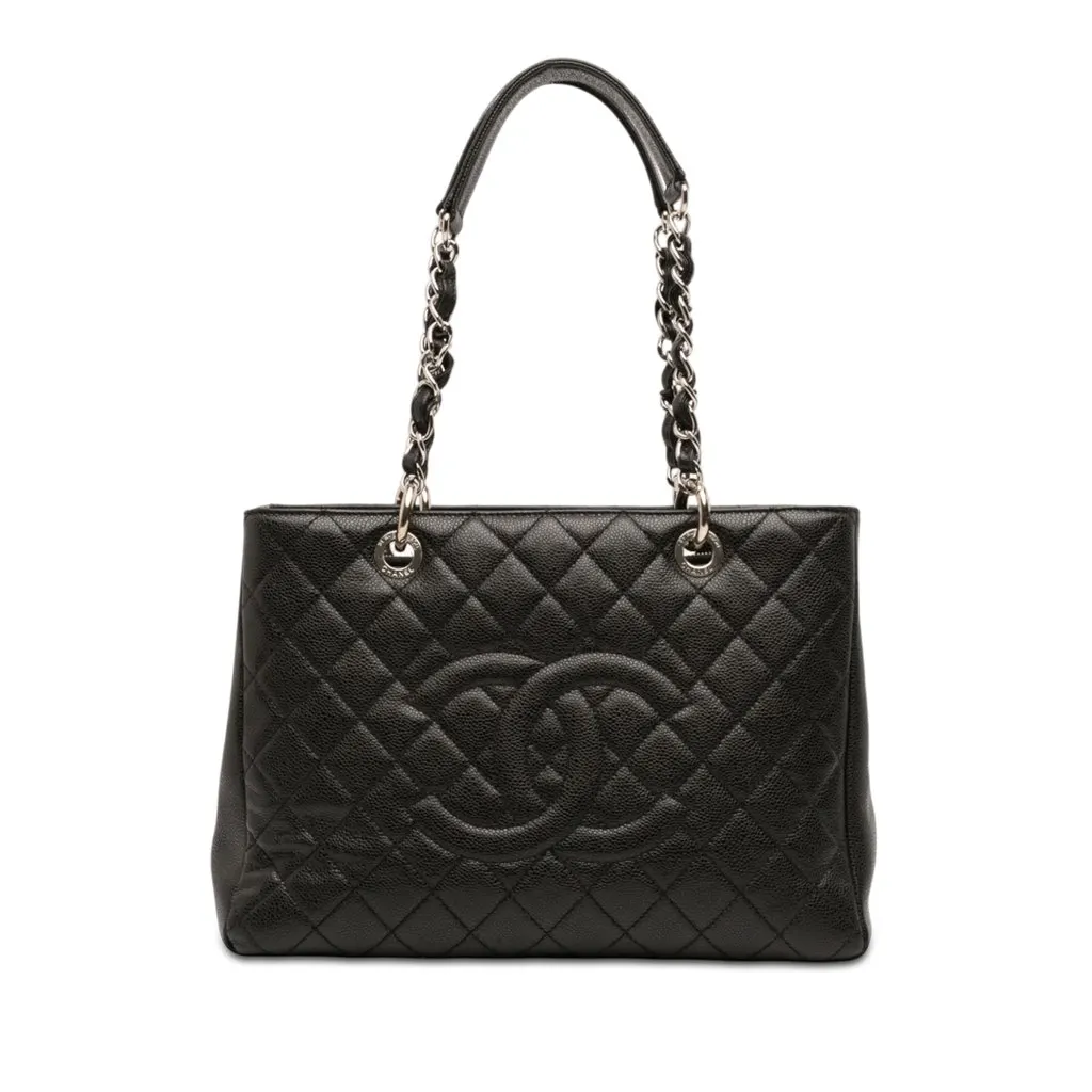 Chanel Caviar Grand Shopping Tote Black Leather Good - Front View