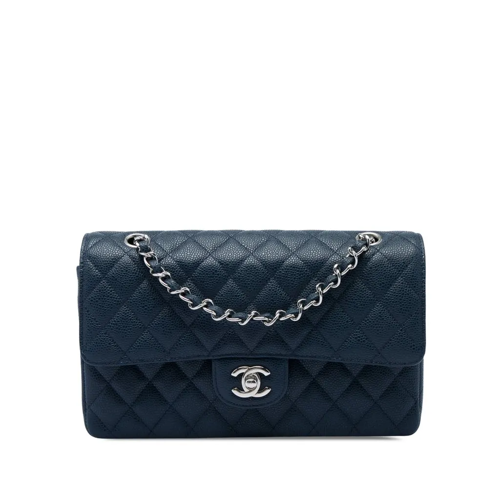 Chanel Medium Classic Caviar Double Flap Blue Leather Very good - Front View