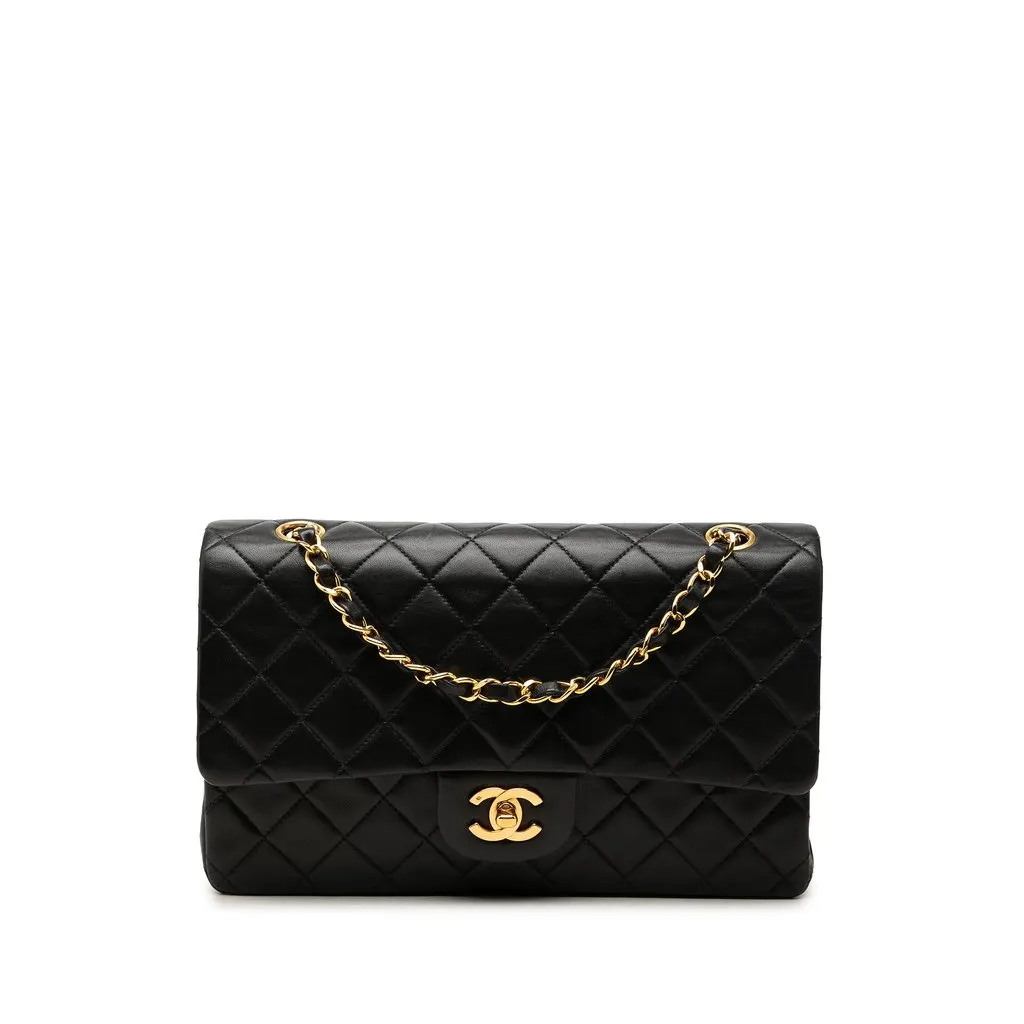 Chanel Medium Classic Lambskin Double Flap Black Leather Good - Front View