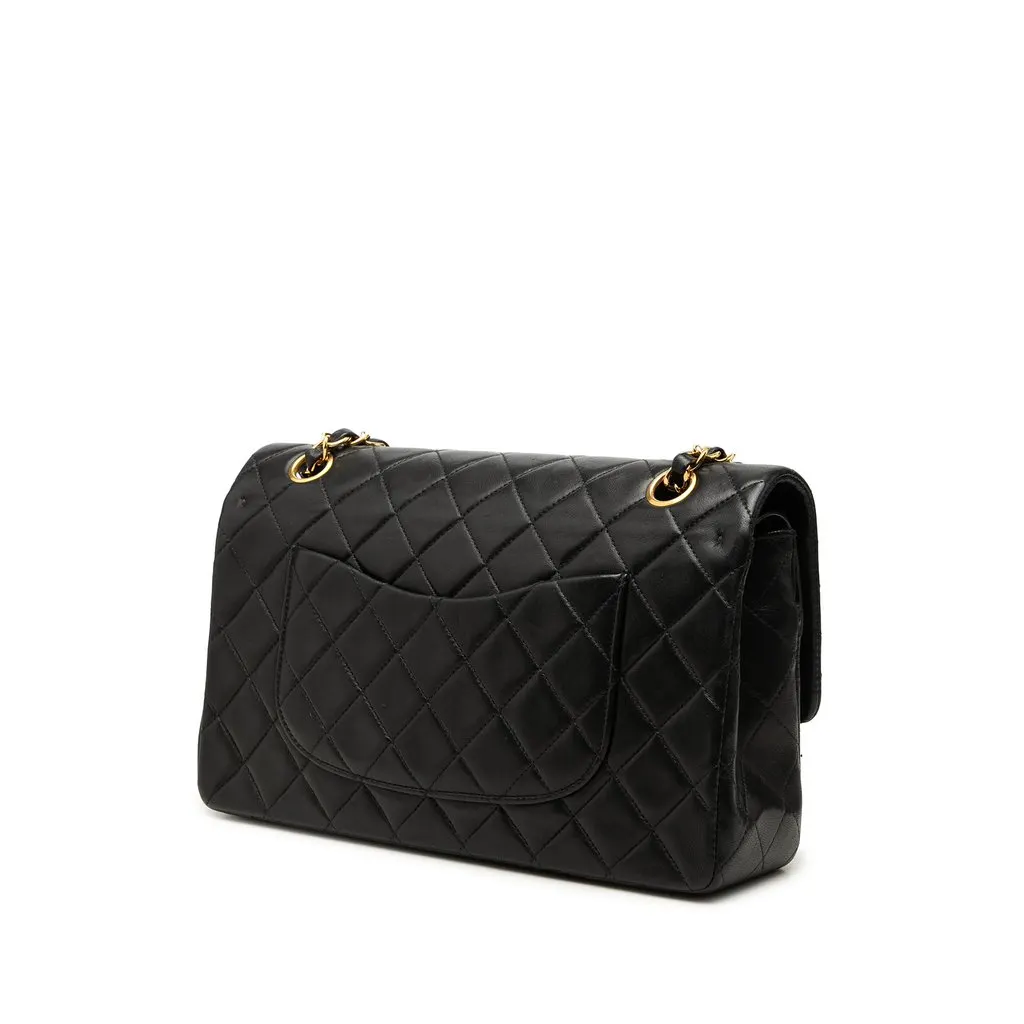 Chanel Medium Classic Lambskin Double Flap Black Leather Good - Back View