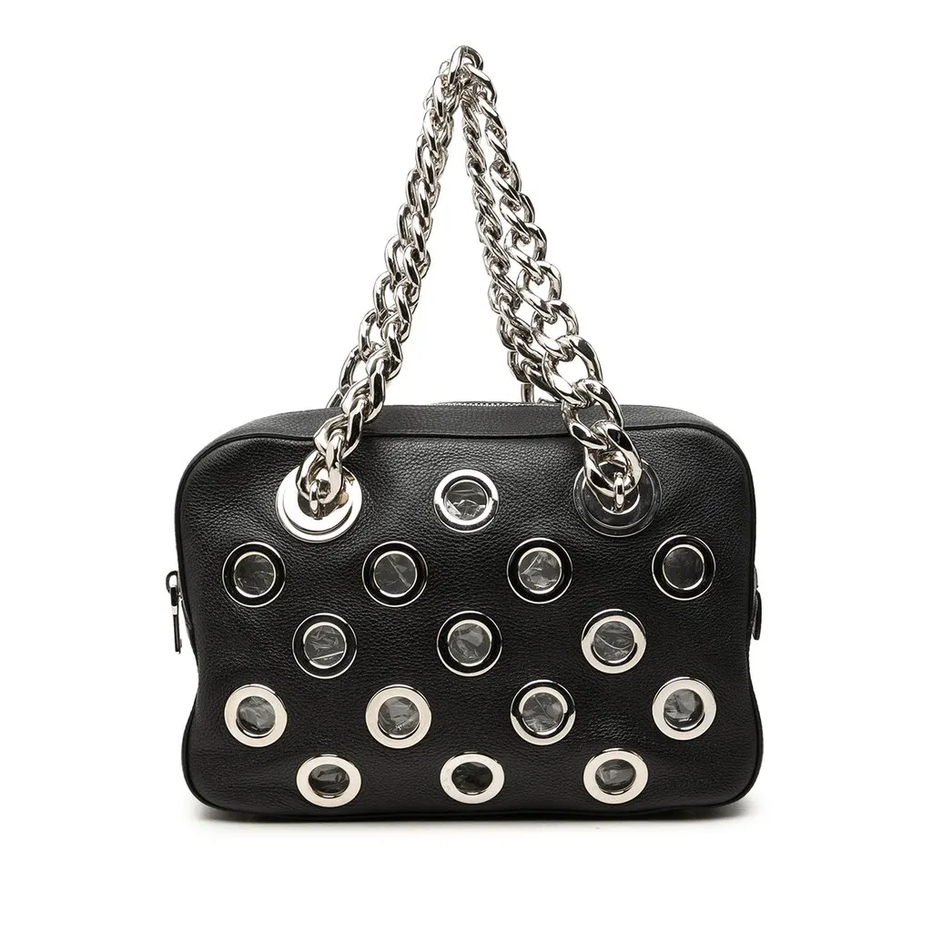 Prada Vitello Daino Grommet Chain Shoulder Bag Black Leather Very good - Front View