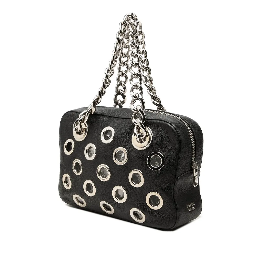 Prada Vitello Daino Grommet Chain Shoulder Bag Black Leather Very good - Back View