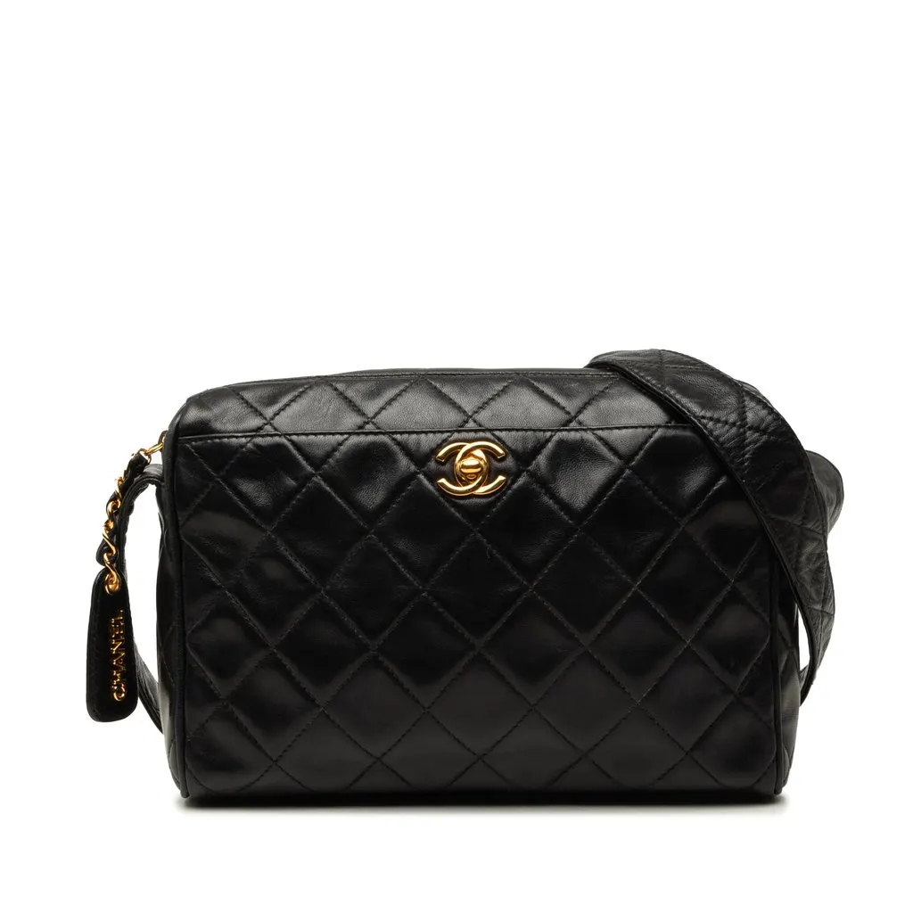 Chanel CC Quilted Lambskin Camera Bag Black Leather Very good - Front View