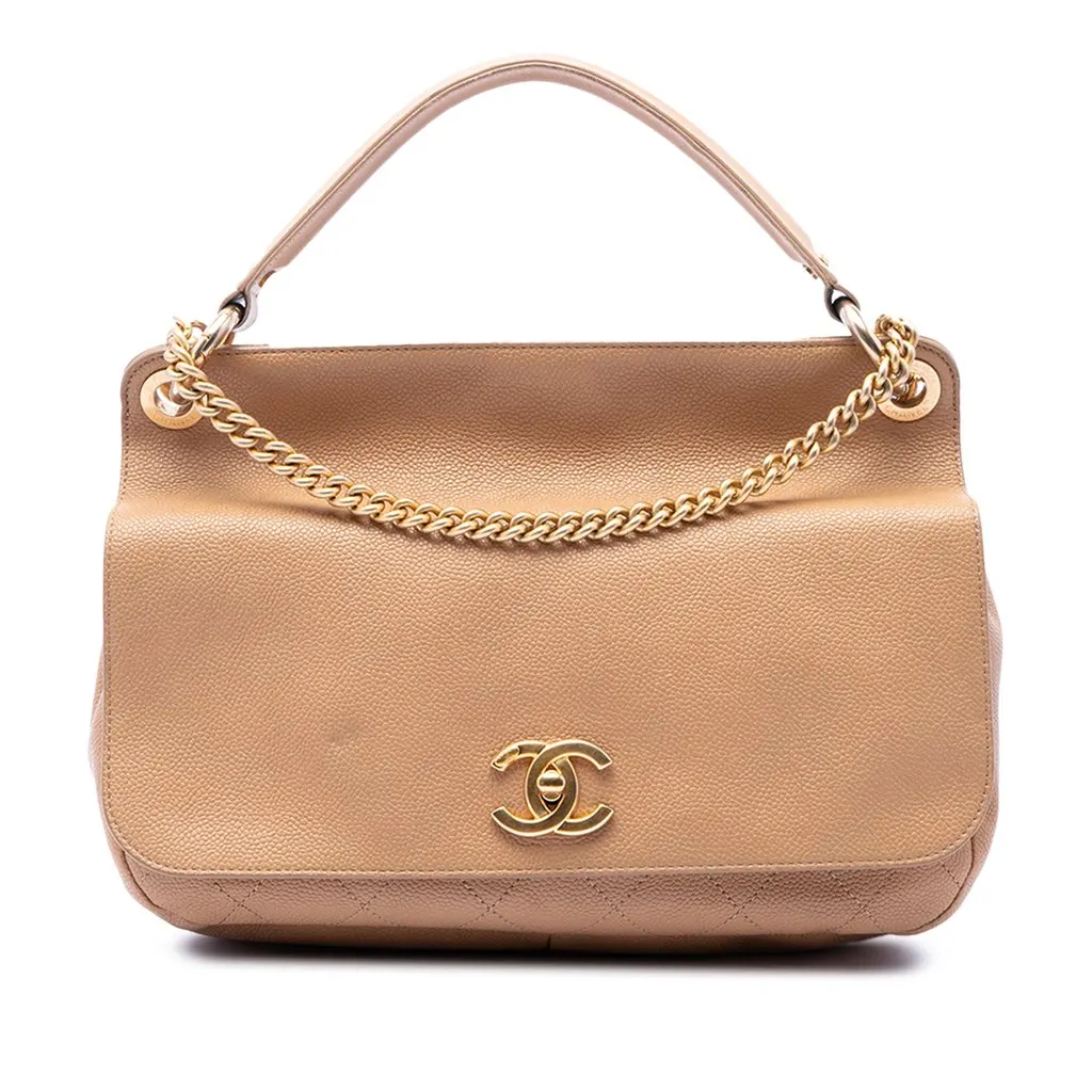 Chanel CC Stitched Caviar Turnlock Top Handle Flap Beige Leather Good - Front View