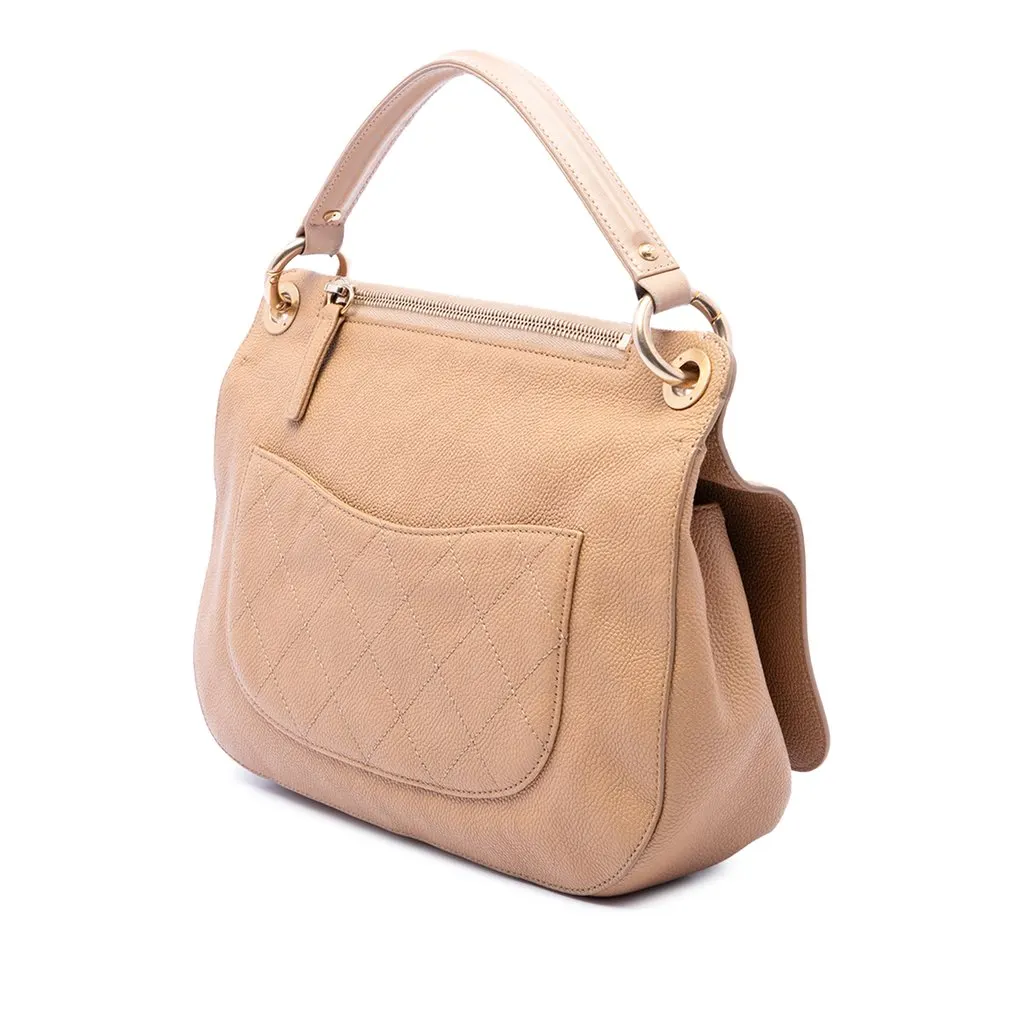 Chanel CC Stitched Caviar Turnlock Top Handle Flap Beige Leather Good - Back View