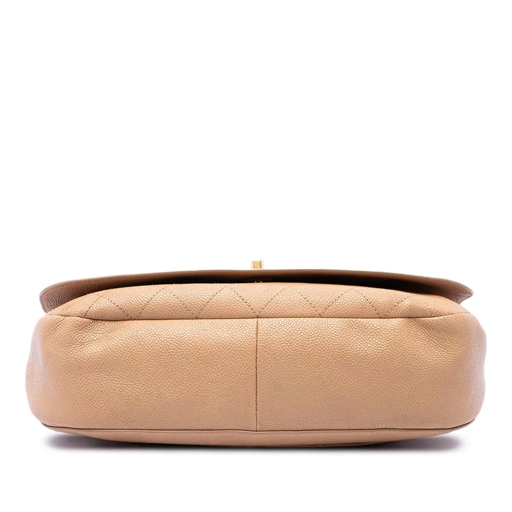 Chanel CC Stitched Caviar Turnlock Top Handle Flap Beige Leather Good - Inside View