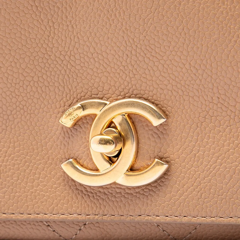 Chanel CC Stitched Caviar Turnlock Top Handle Flap Beige Leather Good - Box View