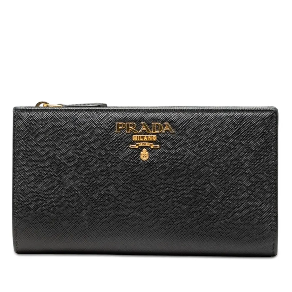 Prada Saffiano Bifold Long Wallet Black Leather Very good - Front View