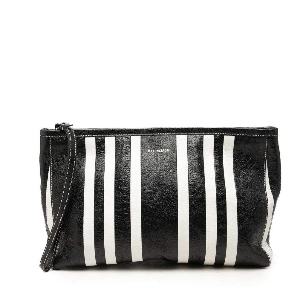 Balenciaga Small Lambskin Barbes Striped Patwork Zip Pouch Black Leather Good - Front View