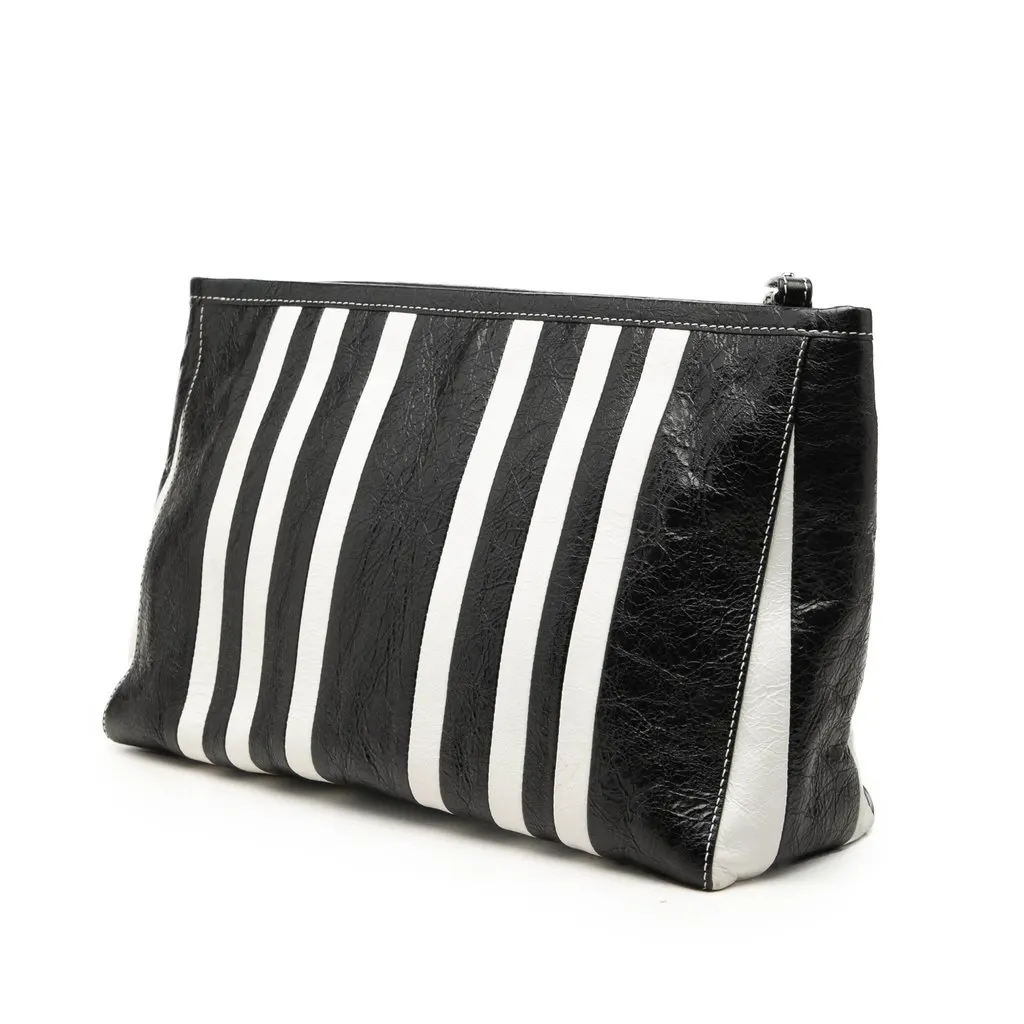Balenciaga Small Lambskin Barbes Striped Patwork Zip Pouch Black Leather Good - Back View
