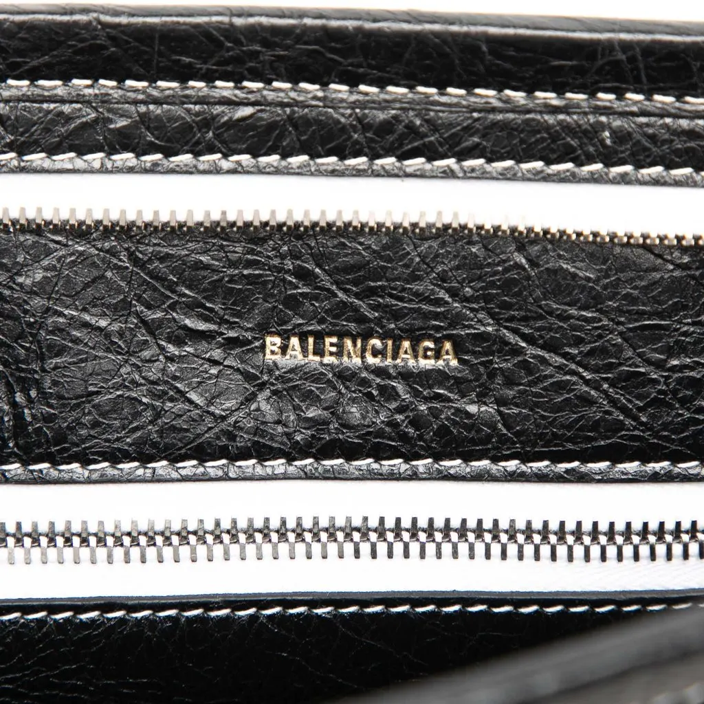 Balenciaga Small Lambskin Barbes Striped Patwork Zip Pouch Black Leather Good - Box View