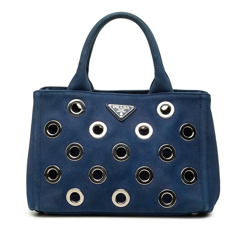 Prada Small Canvas Canapa Grommet Satchel Blue Canvas Very good - Front View