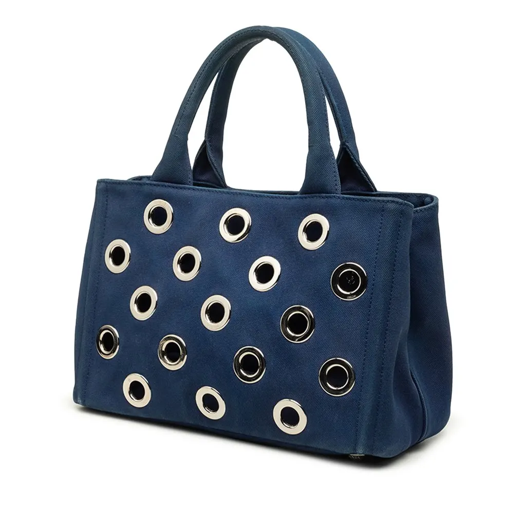Prada Small Canvas Canapa Grommet Satchel Blue Canvas Very good - Back View