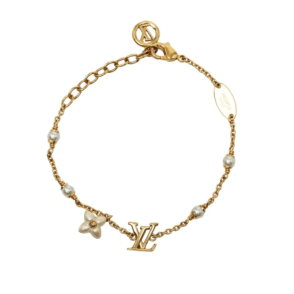 Louis Vuitton Gold Plated Faux Pearl LV Floragram Bracelet Gold Metal Very good - Front View