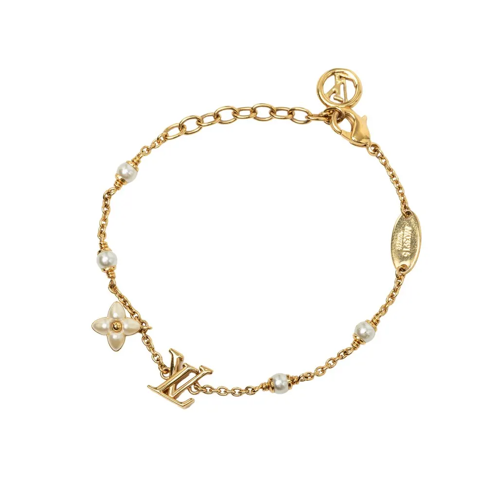 Louis Vuitton Gold Plated Faux Pearl LV Floragram Bracelet Gold Metal Very good - Back View