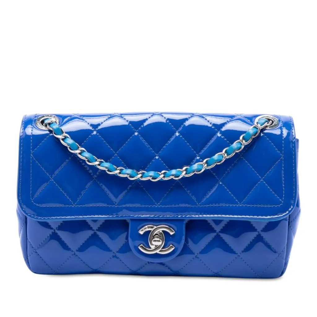 Chanel Medium Quilted Patent Coco Shine Flap Blue Leather Very good - Front View