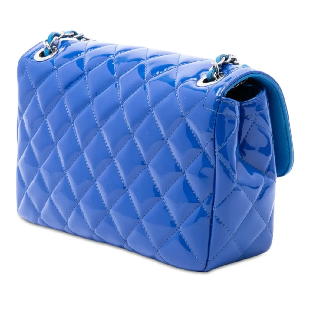 Chanel Medium Quilted Patent Coco Shine Flap Blue Leather Very good - Back View