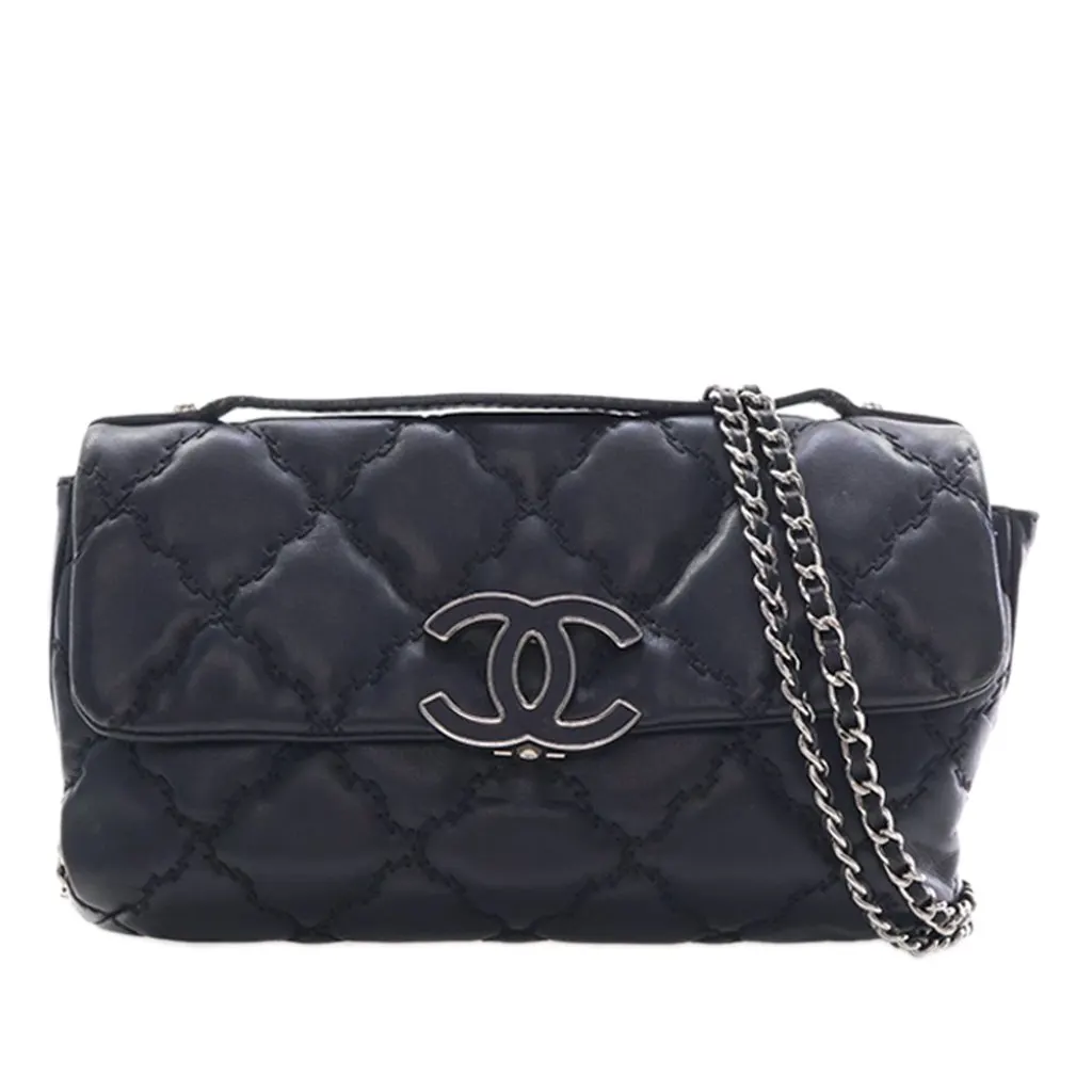 Chanel Mini Lambskin Double Stitch Hamptons Flap Black Leather Very good - Front View