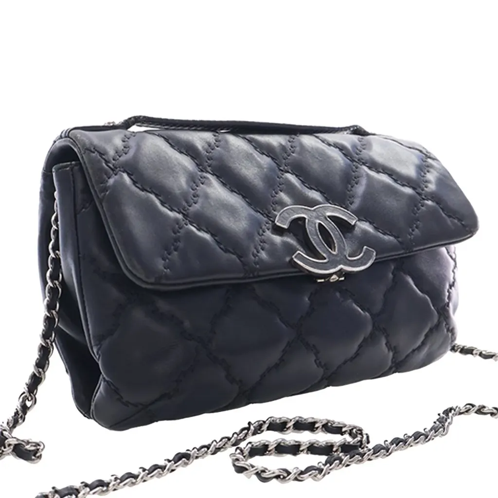 Chanel Mini Lambskin Double Stitch Hamptons Flap Black Leather Very good - Inside View