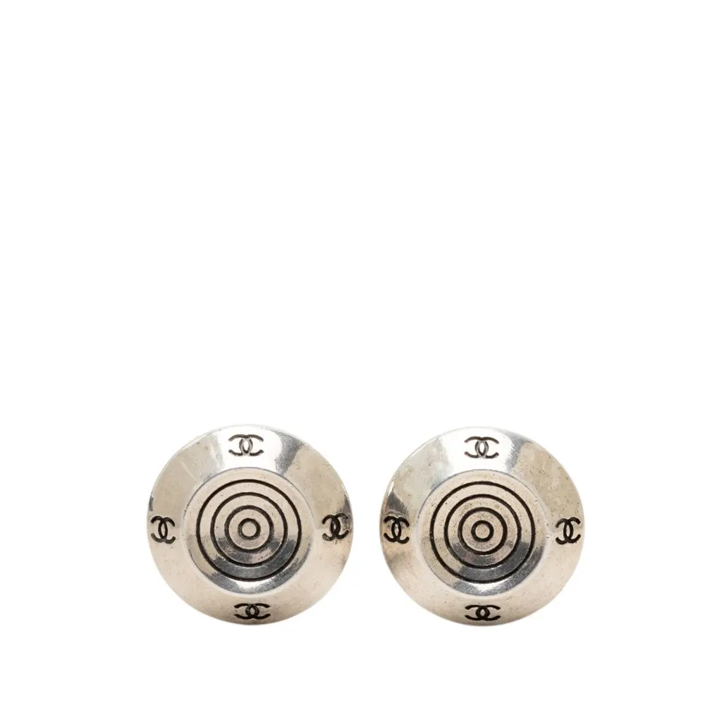 Chanel CC Brass Target Round Clip On Earrings Silver Metal Very good - Front View