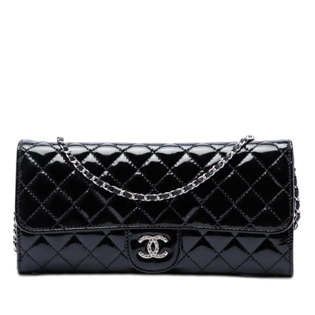Chanel Quilted Patent Brilliant East West Flap Clutch with Chain Black Leather Very good - Front View