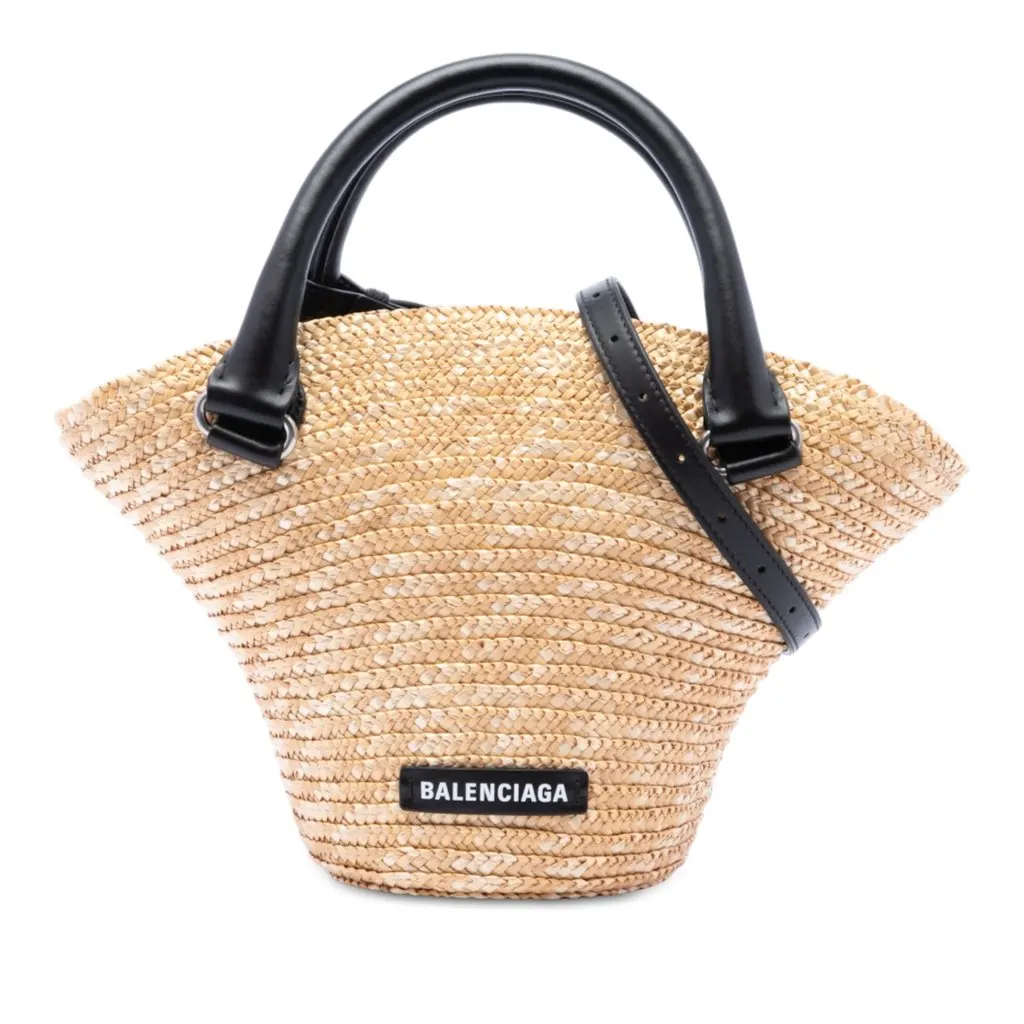 Balenciaga Mini Raffia Beach Basket Tote Beige Rattan Very good - Front View