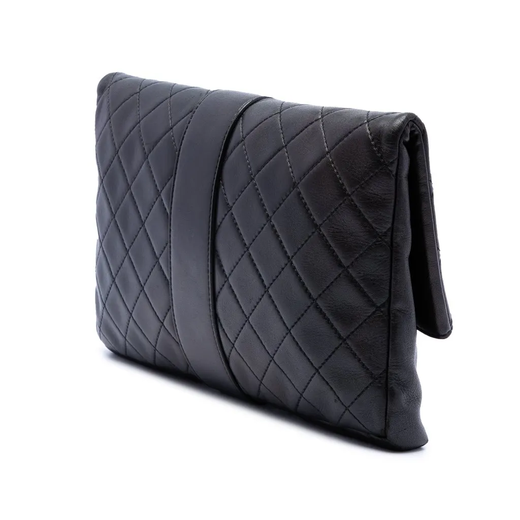 Chanel Quilted Lambskin Grip Clutch Black Leather Very good - Back View