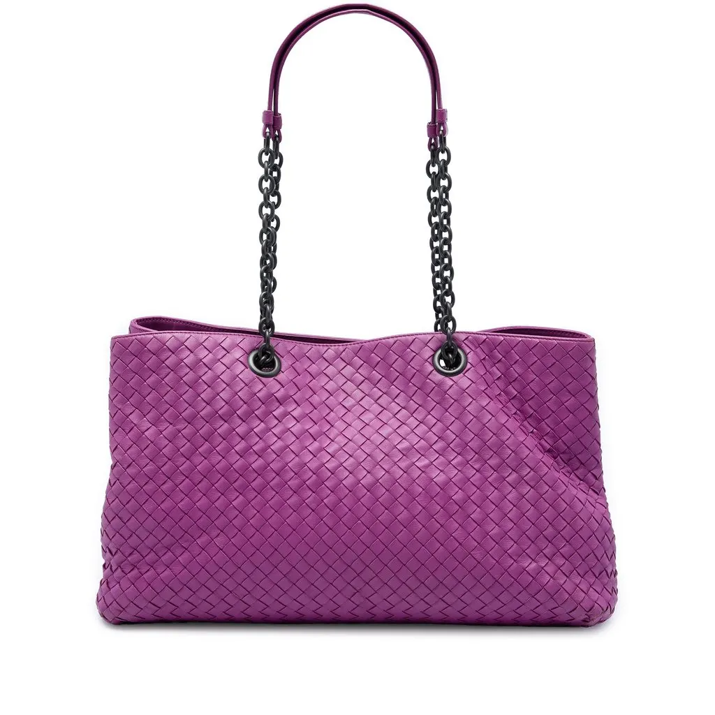 Bottega Veneta Large Nappa Intrecciato Double Chain Tote Purple Leather Very good - Front View