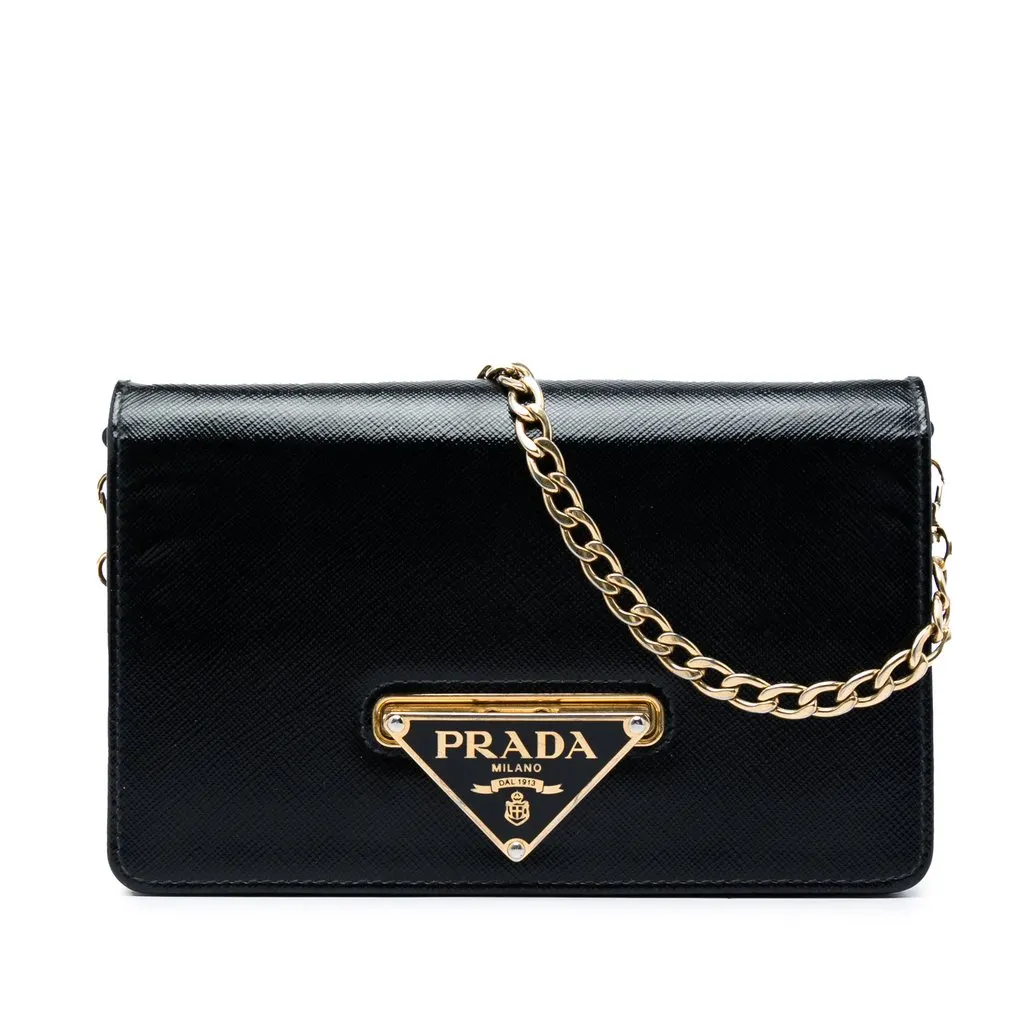 Prada Saffiano Vernice Flip Lock Wallet on Chain Clutch Black Leather Very good - Front View