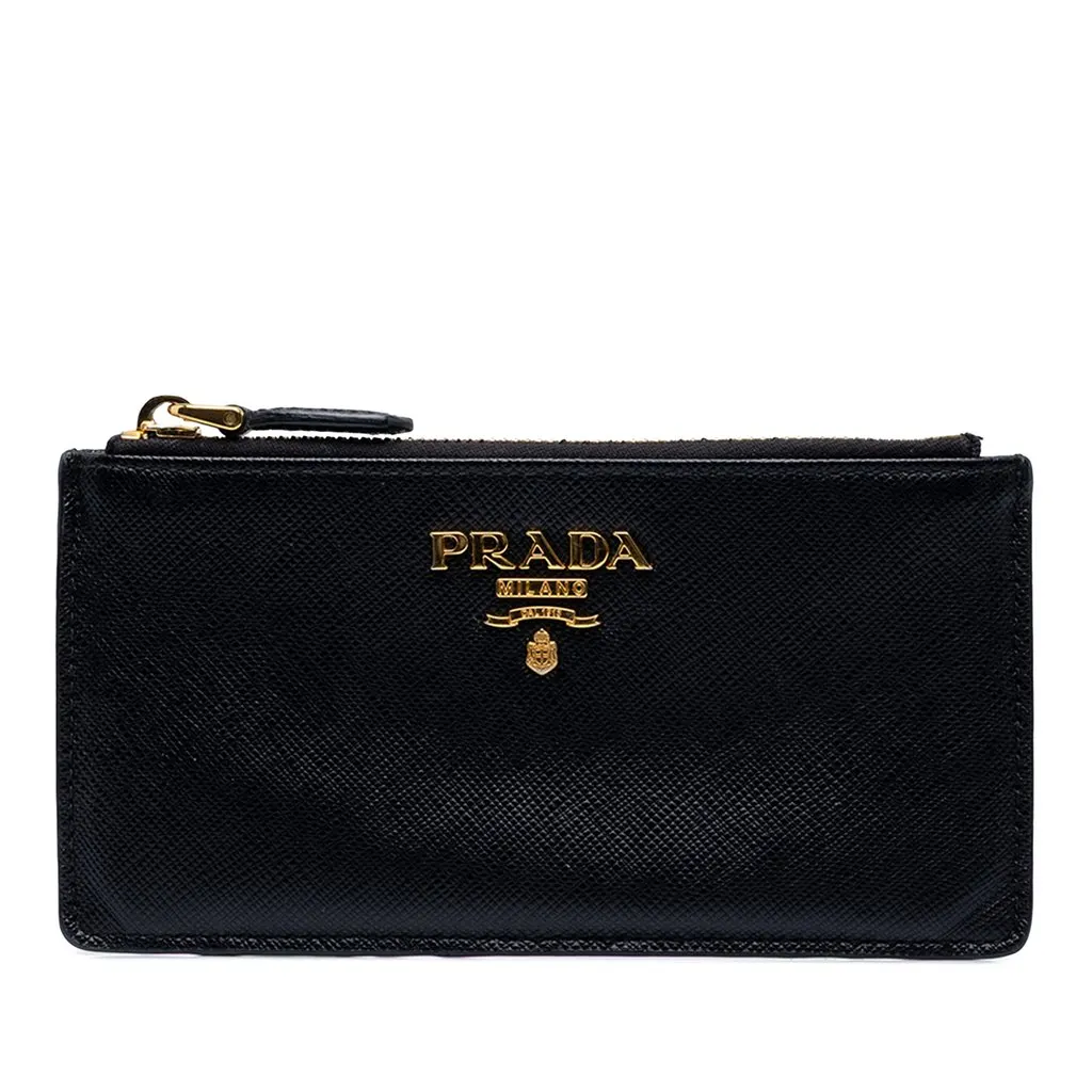 Prada Saffiano Coin and Card Holder Black Leather Very good - Front View