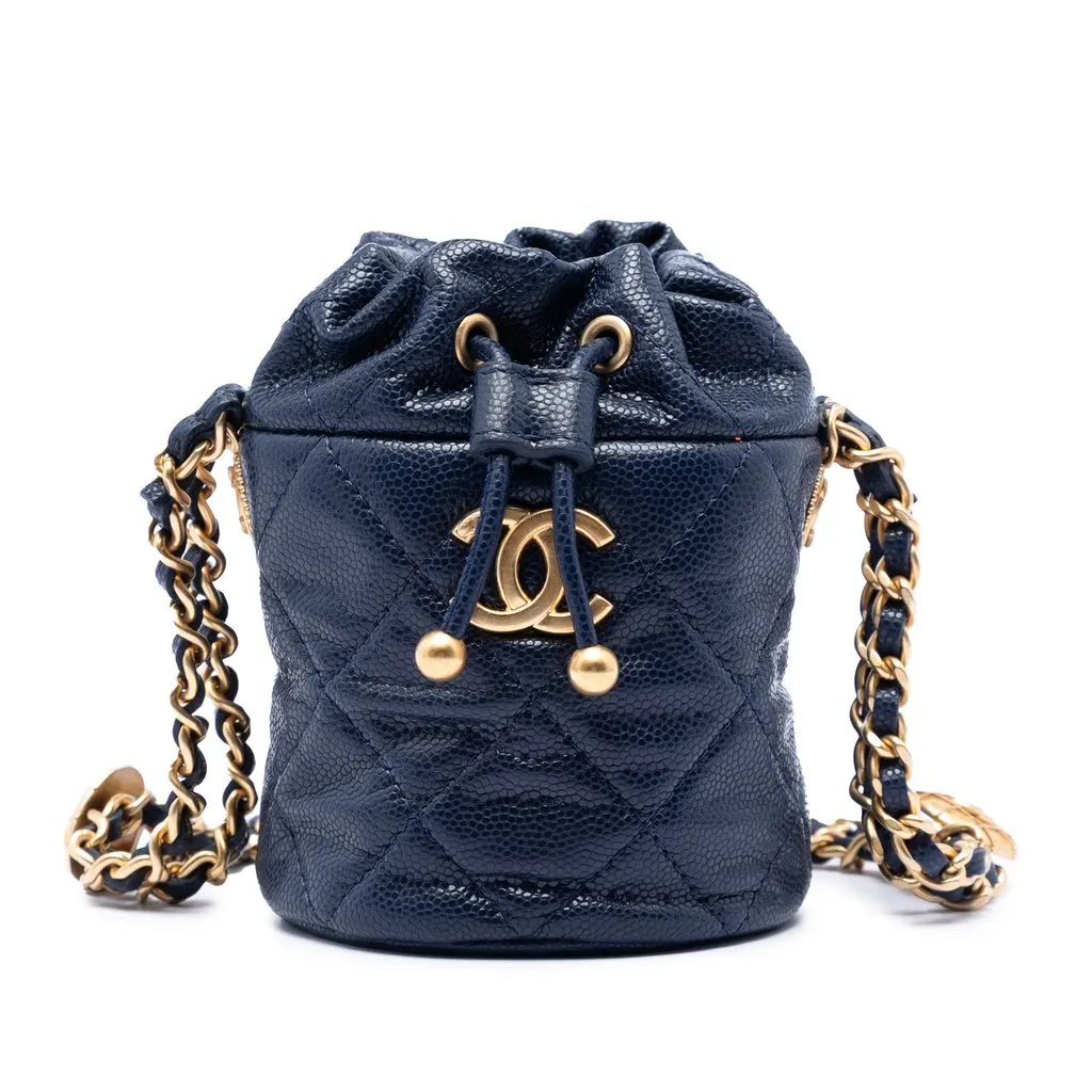 Chanel Mini Quilted Caviar Medallion Charms Drawstring Bucket Bag Blue Leather Very good - Front View