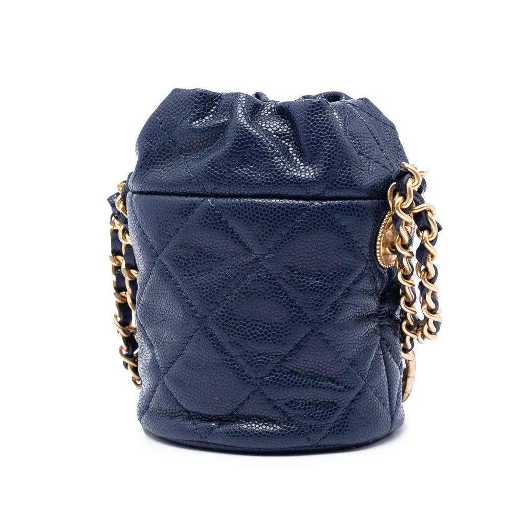 Chanel Mini Quilted Caviar Medallion Charms Drawstring Bucket Bag Blue Leather Very good - Back View