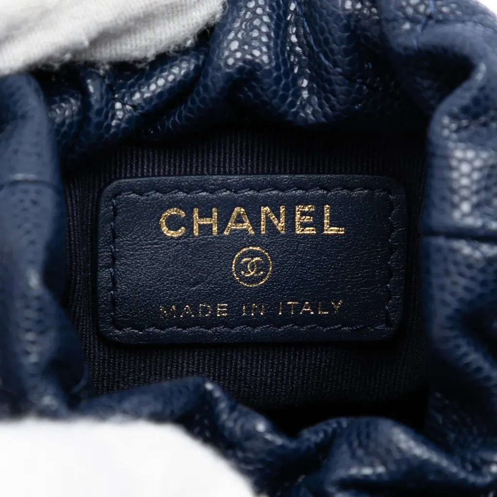 Chanel Mini Quilted Caviar Medallion Charms Drawstring Bucket Bag Blue Leather Very good - Box View
