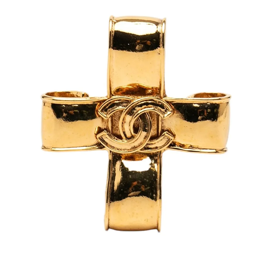 Chanel CC Gold Plated Ribbon Cross Brooch Gold Metal Very good - Front View