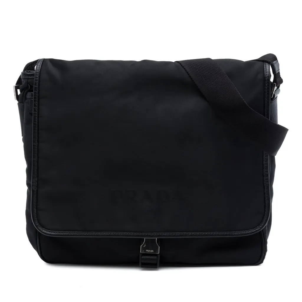 Prada Saffiano Trimmed Tessuto Buckle Messenger Bag Black Very good - Front View