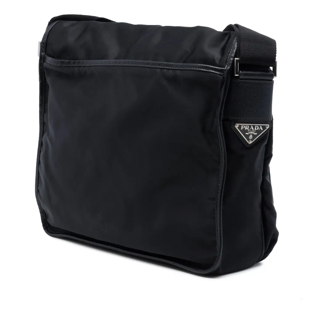 Prada Saffiano Trimmed Tessuto Buckle Messenger Bag Black Very good - Back View